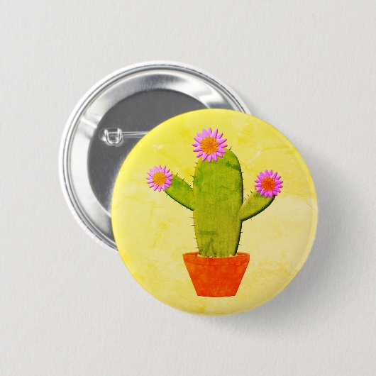 ピンク色の花が咲くかわいい漫画絵画サボテン 缶バッジ (正面&裏面)