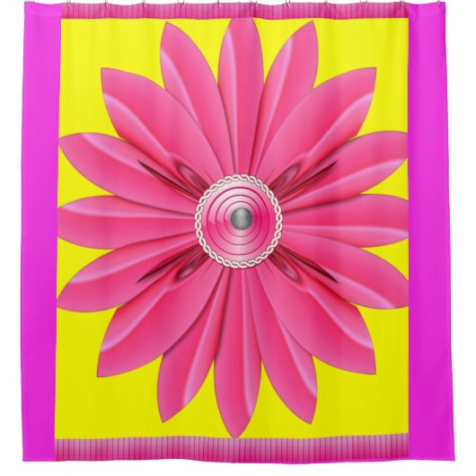 ピンク色の花が母を黄色に染める シャワーカーテン (正面)