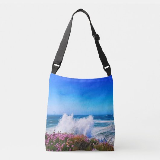 ピンク色の花が花壇を覆う巨大な波 クロスボディバッグ (正面)