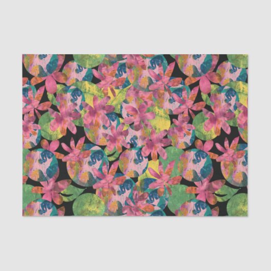 ピンク色の花が黒い背景にコラージュ 薄葉紙 (正面)