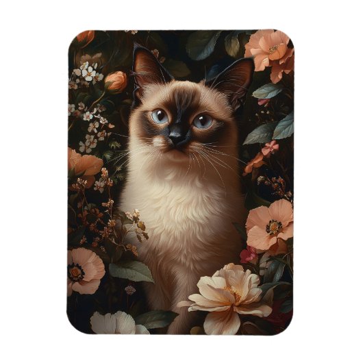 ピンク色の花で囲まれたシャム猫(フレキシブル) マグネット (縦)