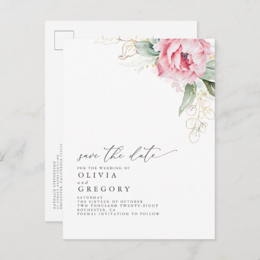 ピンク色の花とエレガント多肉が日付を保存 案内ポストカード (正面/裏面)