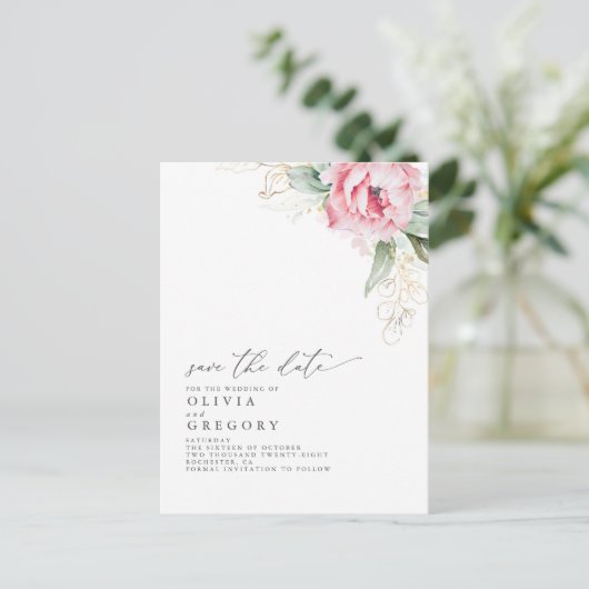 ピンク色の花とエレガント多肉が日付を保存 案内ポストカード (スタンド正面)