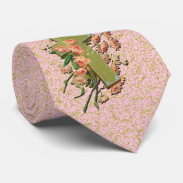 ピンク色の花とクロス金ゴールドダマスクピンクタイ ネクタイ