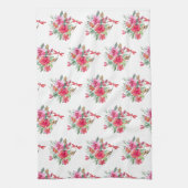 ピンク色の花とトンボ模様 キッチンタオル (縦)