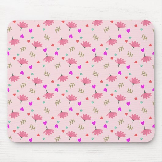 ピンク色の花とハート マウスパッド (正面)