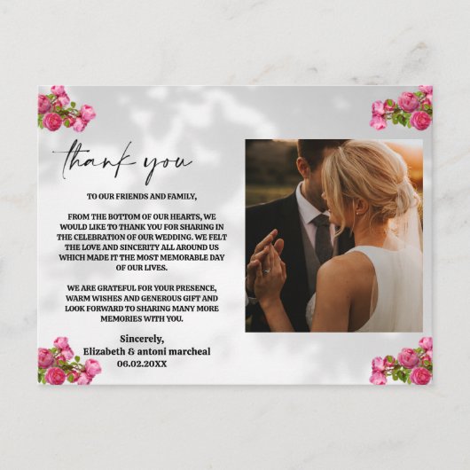 ピンク色の花と写真サンキューカード ポストカード (正面)