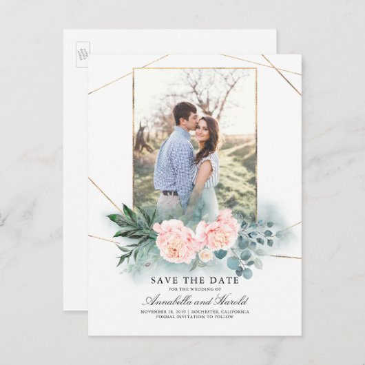 ピンク色の花と緑の写真デートを保存 案内ポストカード (正面/裏面)