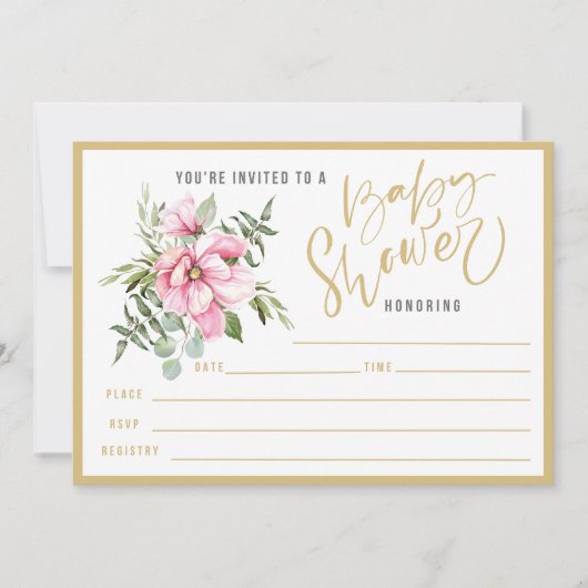 ピンク色の花と緑の赤ちゃんシャワーが満ち溢れる 招待状 (正面)