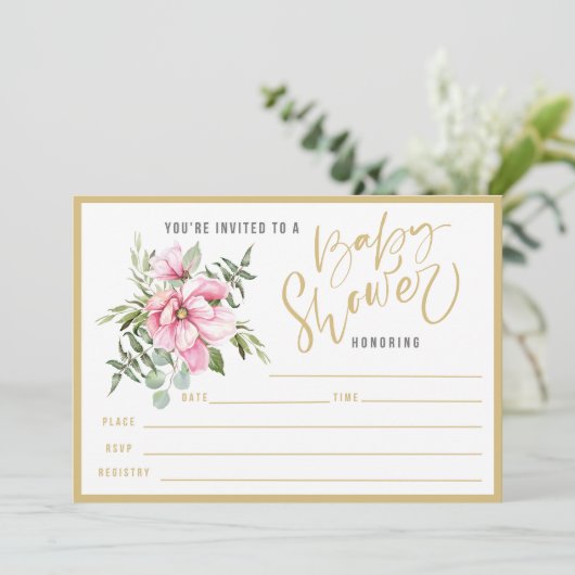 ピンク色の花と緑の赤ちゃんシャワーが満ち溢れる 招待状 (スタンド正面)