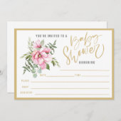 ピンク色の花と緑の赤ちゃんシャワーが満ち溢れる 招待状 (正面/裏面)