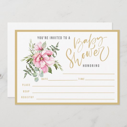 ピンク色の花と緑の赤ちゃんシャワーが満ち溢れる 招待状 (正面/裏面)