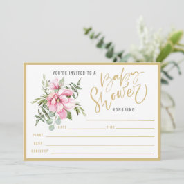ピンク色の花と緑の赤ちゃんシャワーが満ち溢れる 招待状