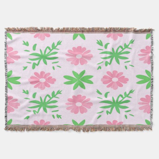 ピンク色の花と緑の離れ花の継ぎ目のないパターン スローブランケット (正面)