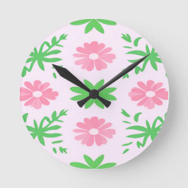 ピンク色の花と緑の離れ花の継ぎ目のないパターン ラウンド壁時計