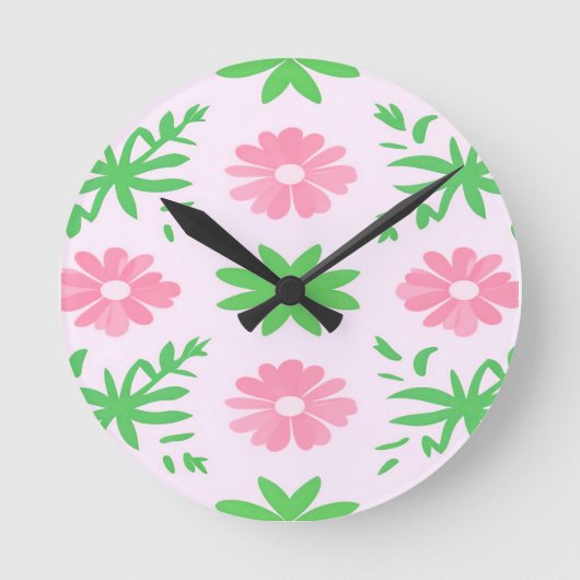 ピンク色の花と緑の離れ花の継ぎ目のないパターン ラウンド壁時計 (正面)