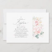ピンク色の花と金ゴールドの葉バプティス 招待状 (正面)