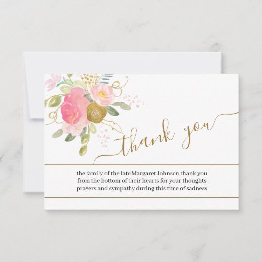 ピンク色の花と金ゴールド台詞葬儀で撮影 サンキューカード (正面)
