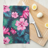 ピンク色の花と離れ緑のパターPartern-79066 キッチンタオル (四つ折り)