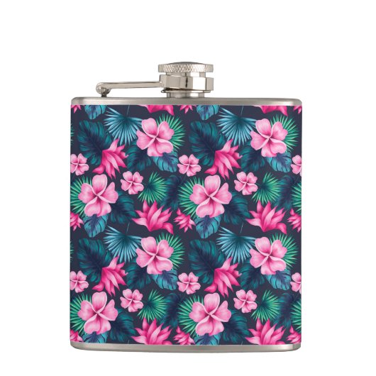 ピンク色の花と離れ緑のパターPartern-79066 フラスク (正面)