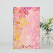 ピンク色の花と《写真》ぼけ味の輝き絵を描と（ばちゃばちゃ）跳ねる 便箋 (スタンド正面)