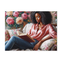 ピンク色の花に囲まれ本を読む黒人の女性の絵