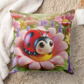 ピンク色の花に座る愛らしいテントウムシ クッション (ブランケット)