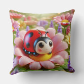 ピンク色の花に座る愛らしいテントウムシ クッション (裏面)