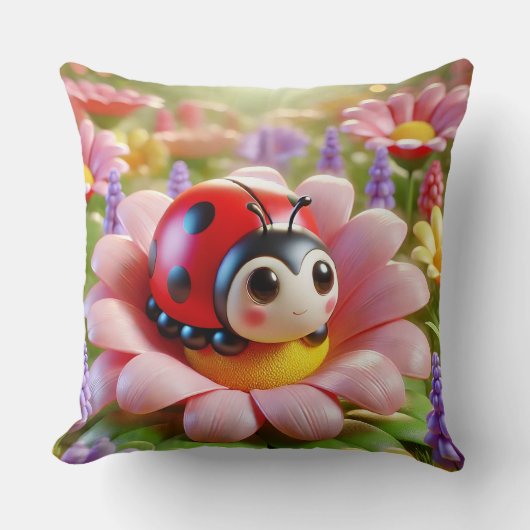 ピンク色の花に座る愛らしいテントウムシ クッション (正面)