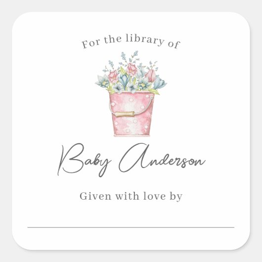 ピンク色の花のバケツ赤ちゃんシャワー蔵書票 スクエアシール (正面)