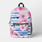 ピンク色の花のフローラパーソナライズされた名 プリントバックパック (正面)