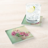 ピンク色の花のポット ガラスコースター (アングル)