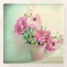 ピンク色の花のポット ガラスコースター