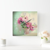 ピンク色の花のポット スクエア壁時計 (ホーム)