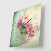 ピンク色の花のポット スクエア壁時計 (傾斜)