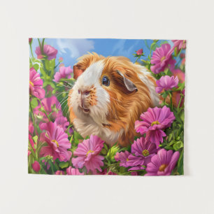 ピンク色の花の中のモルモット タペストリー