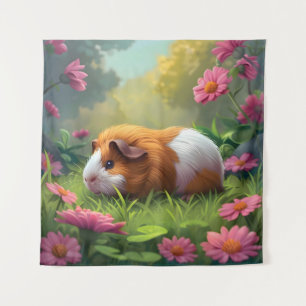 ピンク色の花の中のモルモット タペストリー
