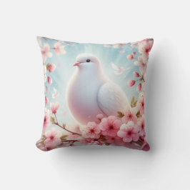 ピンク色の花の中の白い鳩 クッション