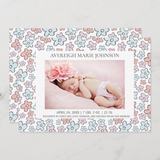 ピンク色の花の女の子の写真の誕生のお知らせ 案内状 (正面/裏面)