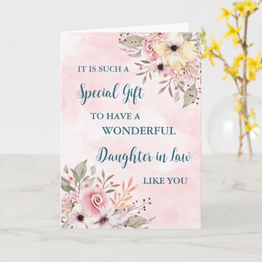 ピンク色の花の娘in法律幸せな母の日 カード (黄色い花)