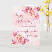 ピンク色の花の娘in法律幸せな母の日 カード (黄色い花)