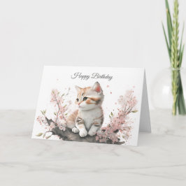 ピンク色の花の子猫誕生日カード カード