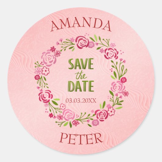 ピンク色の花の枠 ラウンドシール (正面)