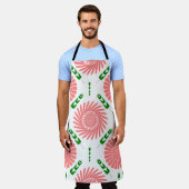 ピンク色の花の模様 エプロン (着用した状態)