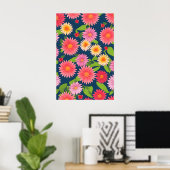ピンク色の花の模様、レトロなスタイル ポスター (ホームオフィス)