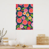 ピンク色の花の模様、レトロなスタイル ポスター (キッチン)