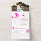 ピンク色の花の灰色の渦巻結婚き水色の写真 オールインワン招待状 (内側)