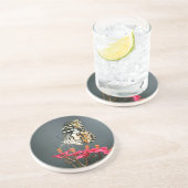 ピンク色の花の白い黒と黄色の蝶 コースター (側面)