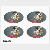 ピンク色の花の白い黒と黄色の蝶 楕円形シール (シート)