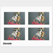 ピンク色の花の白い黒と黄色の蝶 長方形シール (シート)